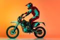 Portrait of young man, biker in full equipments riding motorbike isolated over orange studio background in neon light