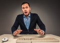 Portrait young man in blue shirt, looking with amazement Royalty Free Stock Photo