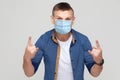 Portrait of young man in casual style with surgical medical mask standing with rock sign horns and looking at camera. health care