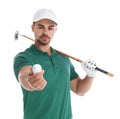 Portrait of young man with golf club and ball on white Royalty Free Stock Photo