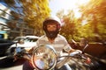 Young man with helmet riding a scooter on city street with speed blur effect