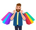 Portrait of young man holding shopping bags. Person carrying colourful bags. Male character design illustration . Modern lifestyle