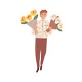 Portrait of young man holding two bouquets of blooming cut flowers vector flat illustration. Happy florist or delivery