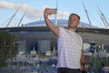 Portrait of a young man selfi on the background of the stadium Royalty Free Stock Photo