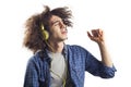 Portrait of young man singing song with headphones Royalty Free Stock Photo
