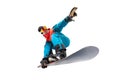 Portrait young man snowboarder jump move on snowboard isolated white background