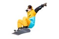 Portrait young man snowboarder jump move on snowboard isolated white background Royalty Free Stock Photo