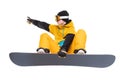 Portrait young man snowboarder jump move on snowboard isolated white background Royalty Free Stock Photo