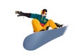 Portrait young man snowboarder jump move on snowboard isolated white background Royalty Free Stock Photo