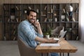 Portrait of young man work at home office by pc Royalty Free Stock Photo