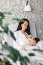 Portrait of young mother breastfeeding her infant daughter in bedroom, blurred foreground. Baby suckle milk and get Royalty Free Stock Photo