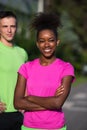 Portrait of young multietnic jogging couple ready to run
