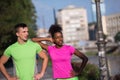 Portrait of young multietnic jogging couple ready to run