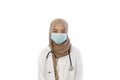 Portrait of Young muslim female doctor wearing doctor uniform and Hijab with stethoscope posing and smiling isolated on white Royalty Free Stock Photo