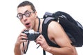 Portrait of a young nerd with old fashioned camera Royalty Free Stock Photo