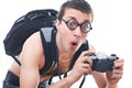 Portrait of a young nerd with old fashioned camera Royalty Free Stock Photo