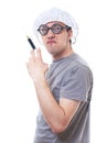 Portrait of a young nerd with syringe Royalty Free Stock Photo