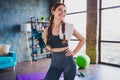 Portrait of young nice sportswoman hold towel water inspiration training activity flat indoors Royalty Free Stock Photo