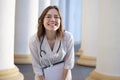 Portrait of a young nurse, medical university student girl stands with phonendoscope and documents, happy female doctor in uniform Royalty Free Stock Photo