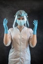 Portrait of young nurses wear individual protection white uniform, gloves glasses and hats