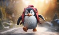 Portrait of a young penguin running to school