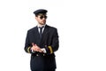 portrait of young pilot in sunglasses looking away Royalty Free Stock Photo