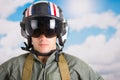 Portrait of young pilot wearing helmet with a sky Royalty Free Stock Photo