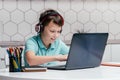 Portrait of young pleased boy wearing headphones, sitting near pencils, using laptop, playing games, listening to music. Royalty Free Stock Photo