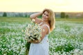 Portrait of a young, plump, beautiful woman resting on a chamomile field at sunset. A plus-size woman in a white sundress hugs a Royalty Free Stock Photo