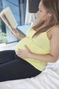 Young pregnant woman reading book while relaxing on bed at home Royalty Free Stock Photo