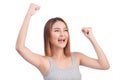 Portrait of young pretty asian woman hands up raised arms, screaming yelling isolated on white background Royalty Free Stock Photo