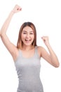 Portrait of young pretty asian woman hands up raised arms, screaming yelling isolated on white background Royalty Free Stock Photo