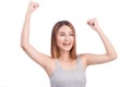 Portrait of young pretty asian woman hands up raised arms, screaming yelling isolated on white background Royalty Free Stock Photo