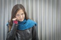 Portrait of Young Pretty Blue Eyed Girl Wearing Scarf Royalty Free Stock Photo