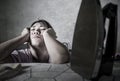 Portrait of young pretty frustrated and stressed Asian Korean woman looking sad at iron working at home kitchen ironing clothes ti Royalty Free Stock Photo