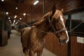 Portrait of young purebred stallion tied standing in stalls Royalty Free Stock Photo