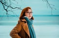 Portrait of an young red-haired Asian woman in winter clothes, who stands near the frozen sea in the park on a winter day. Travel Royalty Free Stock Photo