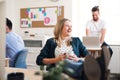 Portrait of young relaxed businesswoman with colleagues in a office, feet on desk. Royalty Free Stock Photo