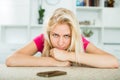 Portrait of young sad girl waiting for call Royalty Free Stock Photo