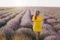 Portrait of young sensual beautiful woman in yellow dress, hat on purple lavender flower blossom meadow field outdoors Royalty Free Stock Photo