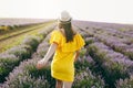 Portrait of young sensual woman in yellow dress, hat on purple lavender flower blossom meadow field outdoors on summer Royalty Free Stock Photo