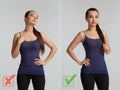 Portrait of a beautiful woman demonstrating the right and wrong way of posing. Royalty Free Stock Photo