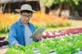 Portrait of young smart farmer using digital tablet computer for inspecting. using technology in agriculture field application in Royalty Free Stock Photo