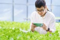 Portrait of young smart farmer using digital tablet computer for inspecting. using technology in agriculture field application in Royalty Free Stock Photo