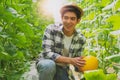 Portrait young smart farmers and entrepreneurs happy garden,checking quality and take care of melon products,fresh organic in