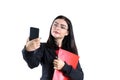 Young smile businesswoman in glasses cell job red folder and pen female, person, success Royalty Free Stock Photo