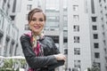 A portrait of a young smiling business woman at the office background. The concept of a successful business Royalty Free Stock Photo