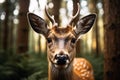 Portrait of young stag with small antlers in forest