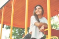 Portrait young student girl relaxing on a sunny day dreaming Royalty Free Stock Photo