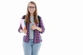 Portrait of a young student girl on a white background